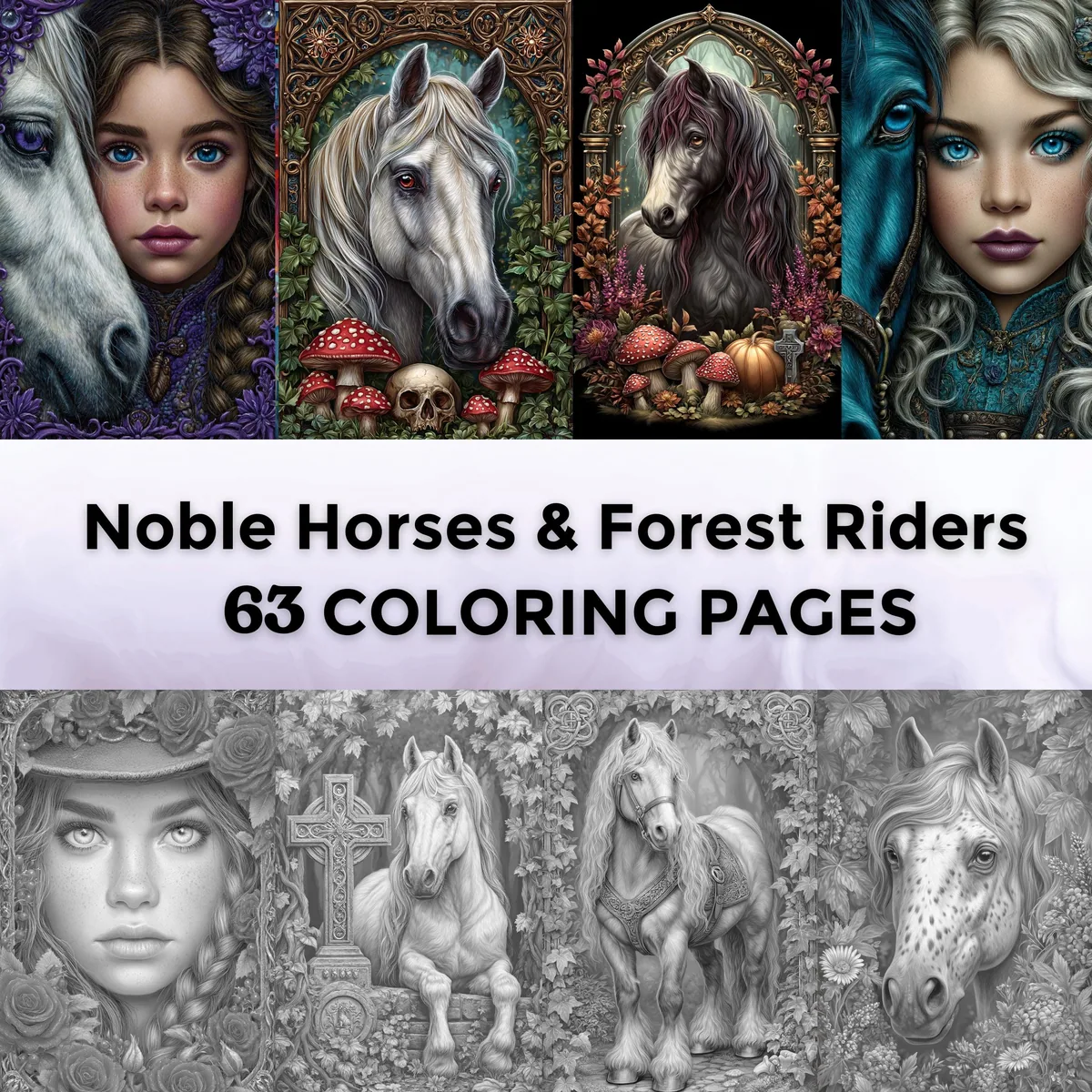 Noble Beasts & Forest Riders Grayscale Coloring Pages