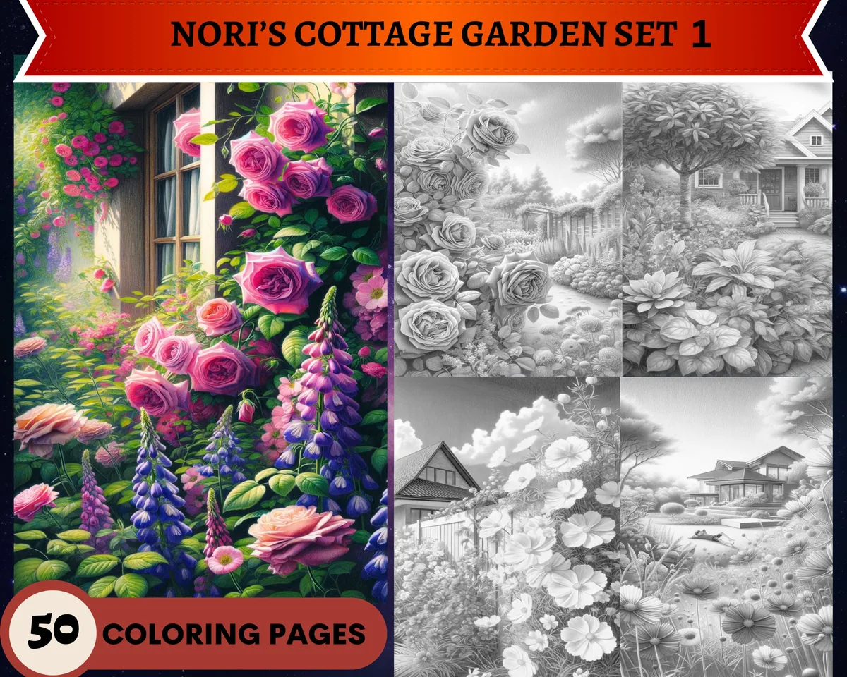 Nori's Cottage Garden Set 1 and Cottage Grayscale Coloring Pages
