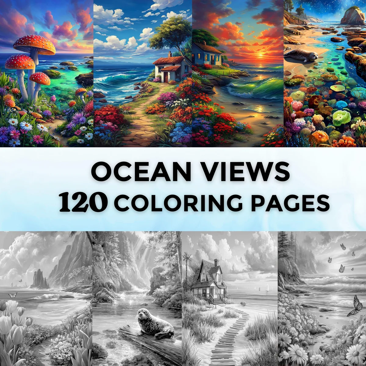 Ocean Views Grayscale Coloring Pages