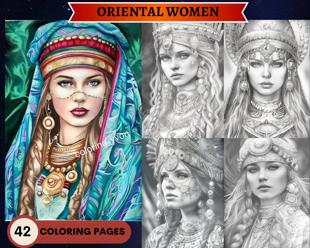 Oriental Women Set 1 Grayscale Coloring Pages