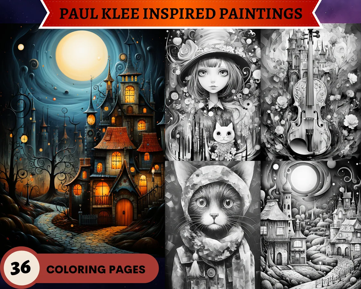 Paul Klee inspired Paintings Grayscale Coloring Pages