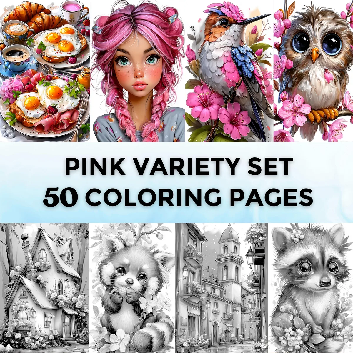 Pink Variety Set Grayscale Coloring Pages
