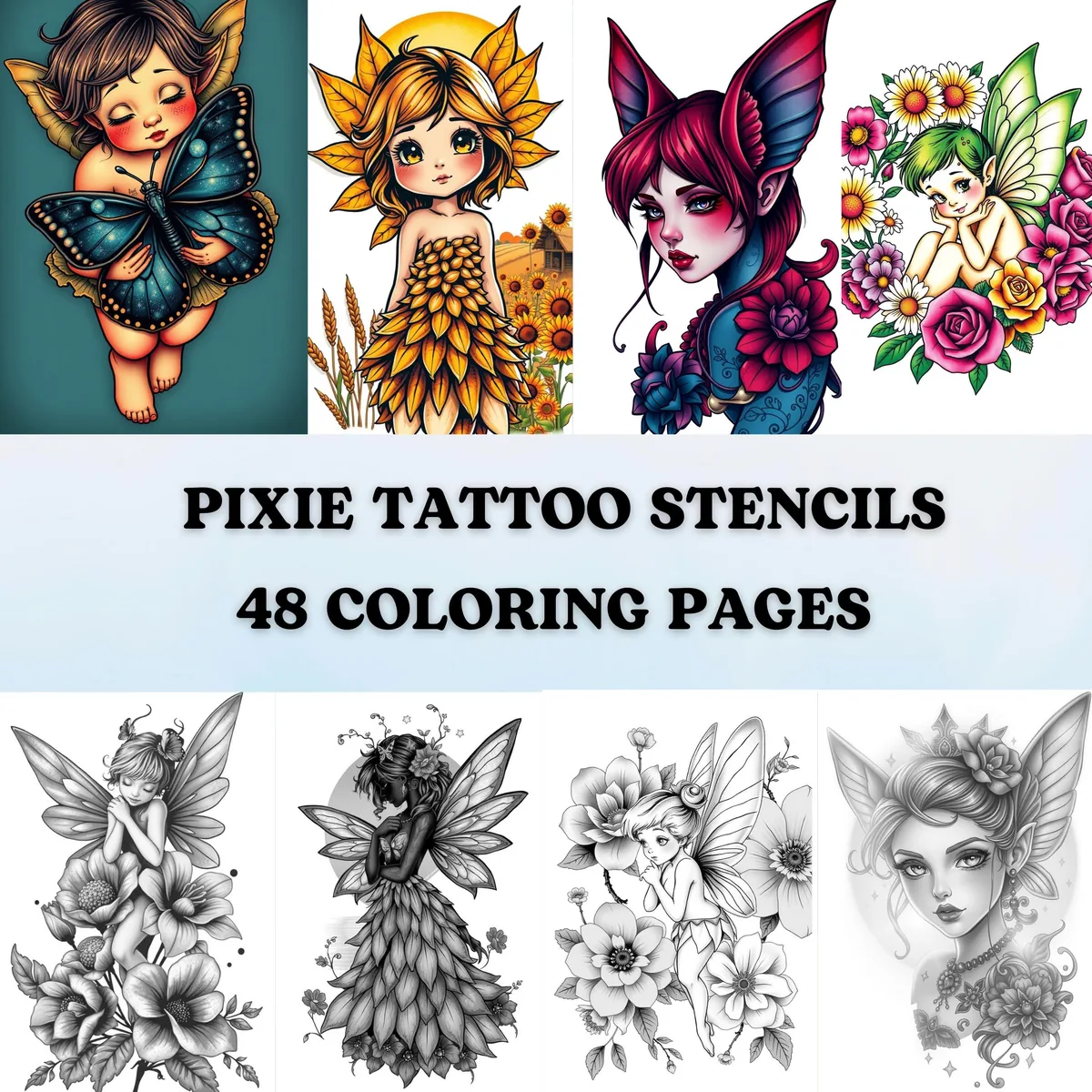 Pixie Tattoo Stencils Grayscale Coloring Pages