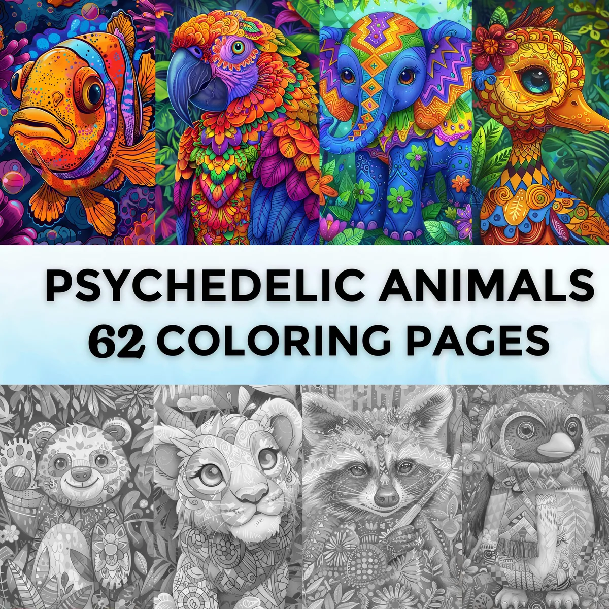 Psychedelic Animals Grayscale Coloring Pages