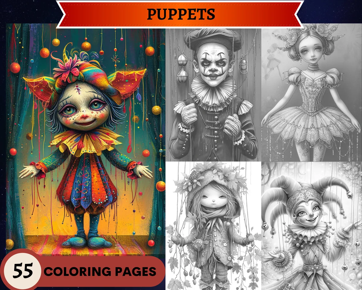 Puppets Grayscale Coloring Pages
