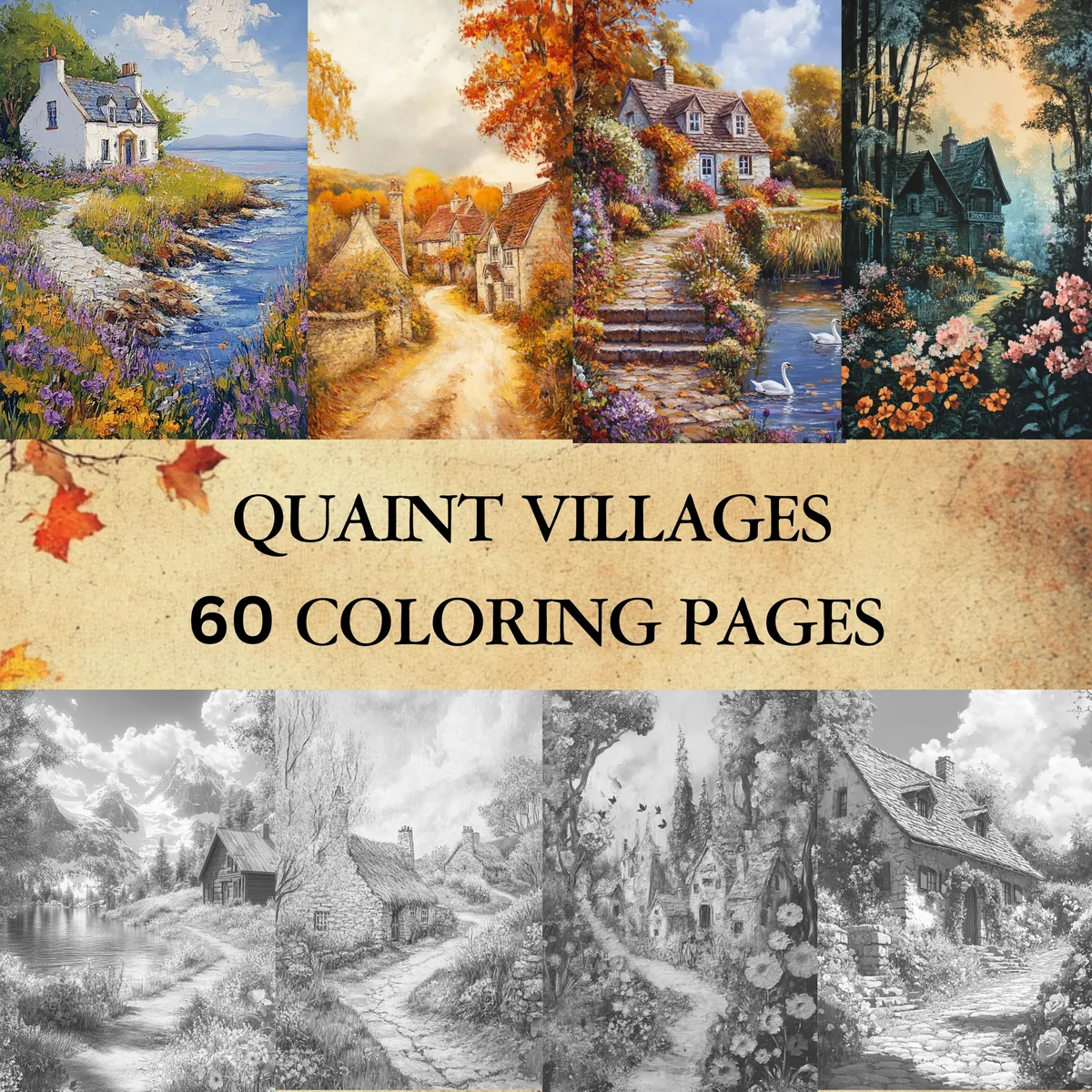 Quaint Villages Grayscale Coloring Pages