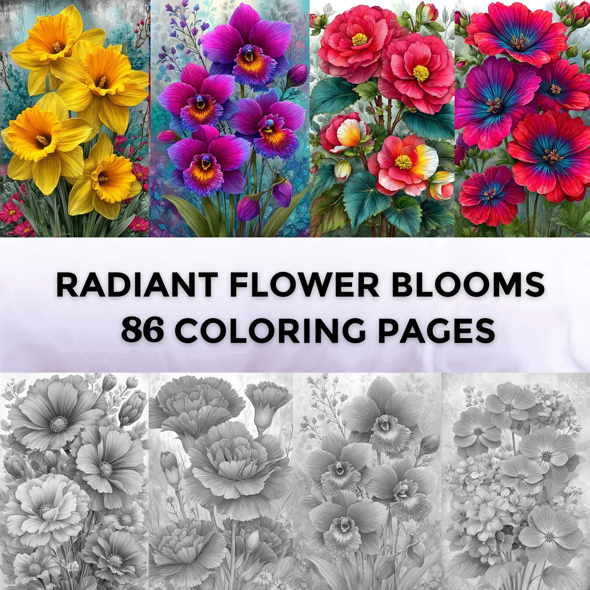 Radiant Flower Blooms Grayscale Coloring Pages