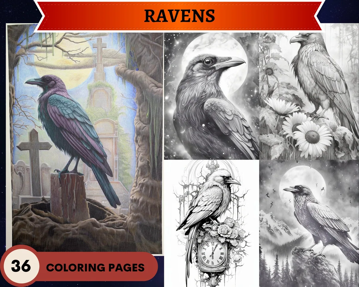 Ravens Grayscale Coloring Pages