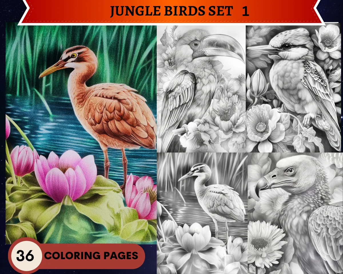 Realistic Jungle Birds Set 1 Grayscale Coloring Pages