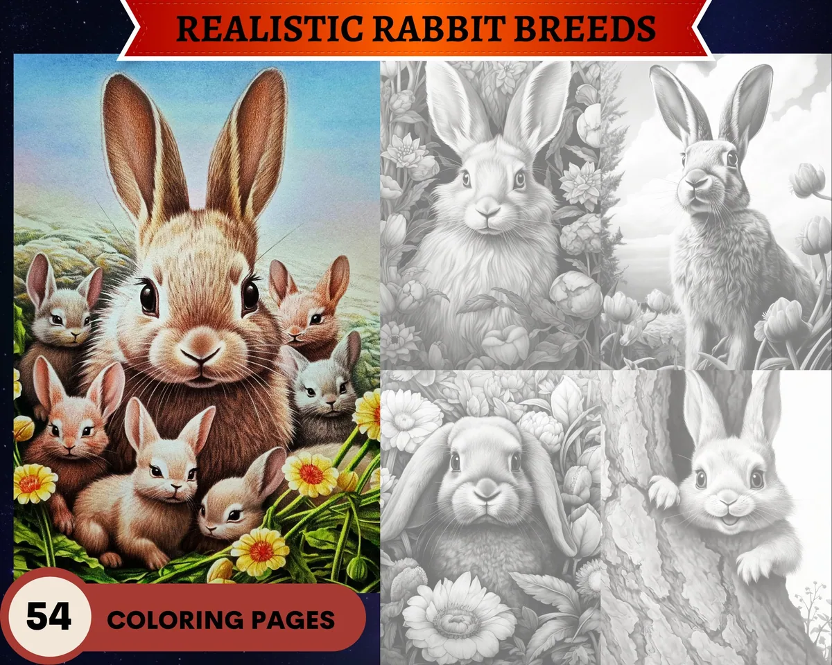 Realistic Rabbit Breeds Grayscale Coloring Pages