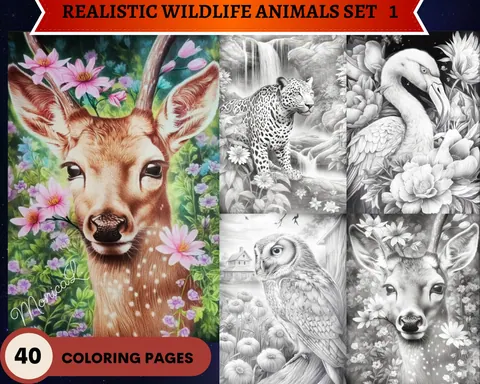 Realistic Wildlife Animals Set 1 grayscale coloring pages