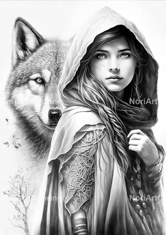Red Riding Hood and Wolf grayscale coloring pages