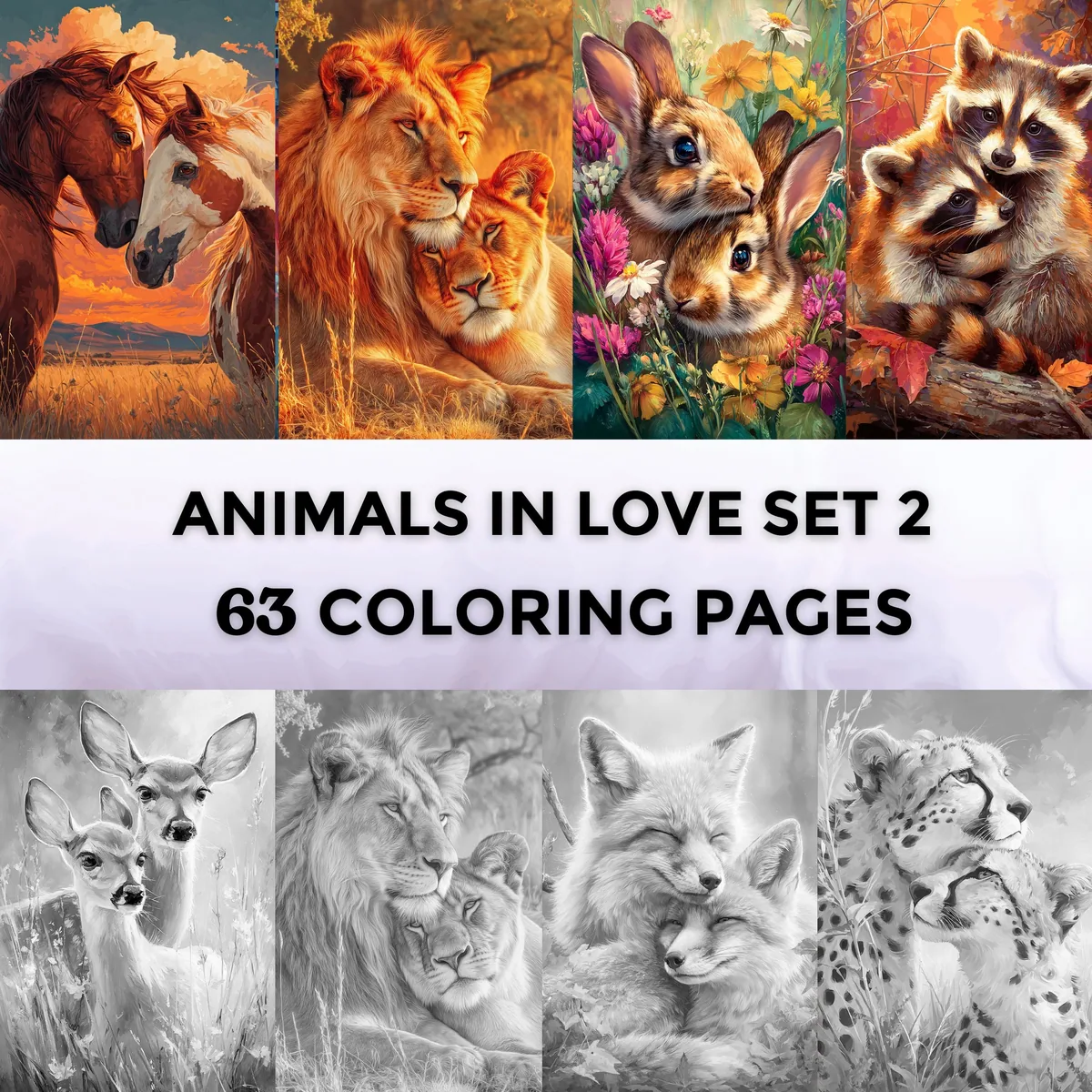 Romantic Animal Couples Grayscale Coloring Pages