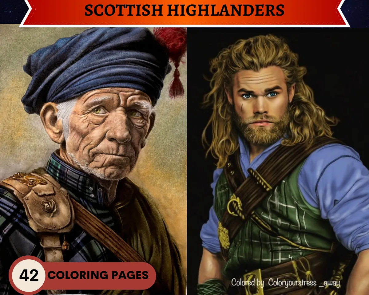 Scottish Highlanders Grayscale Coloring Pages