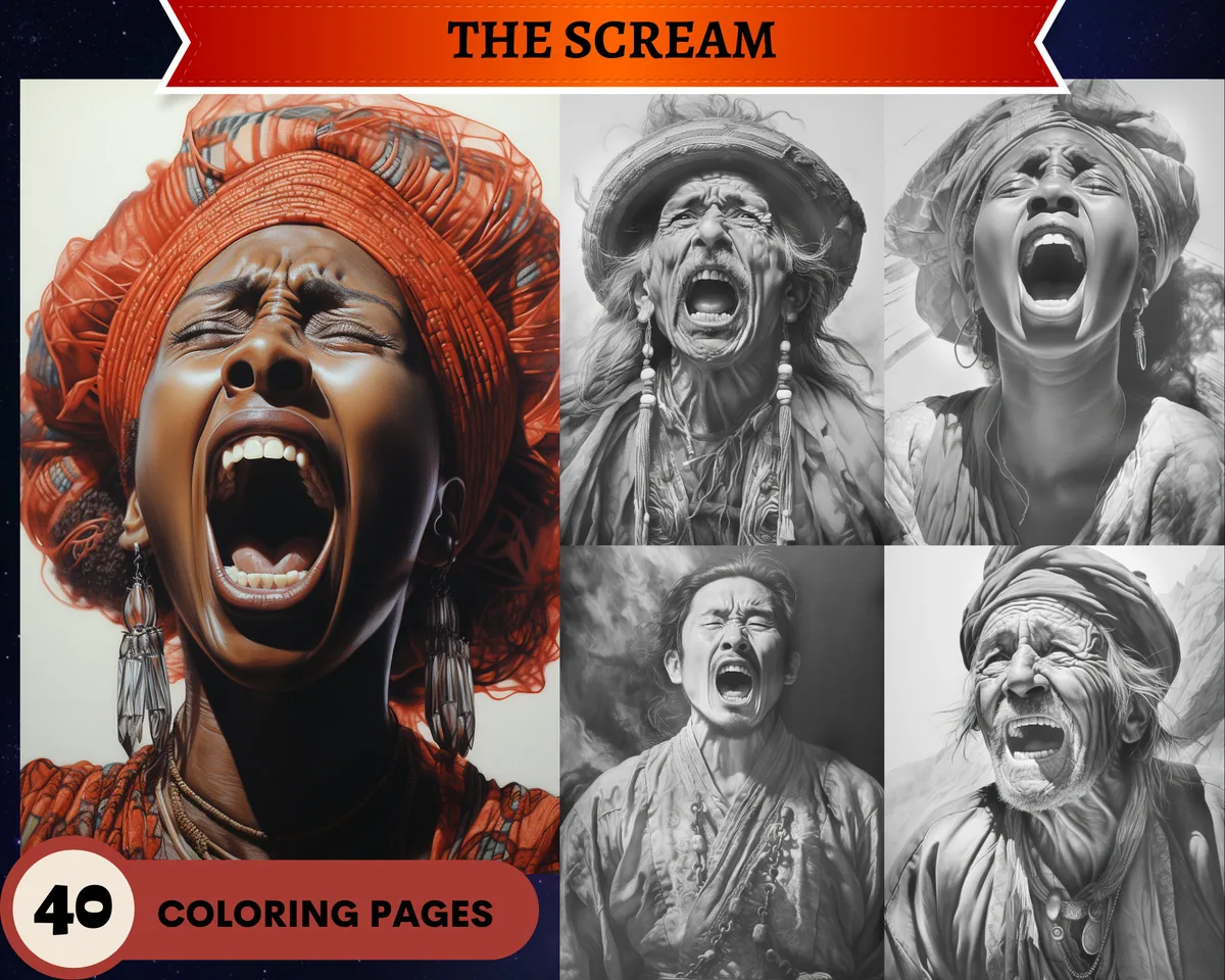 Screaming people Grayscale Coloring Pages
