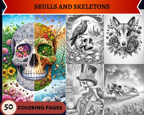 Skull and Skeletons grayscale coloring pages