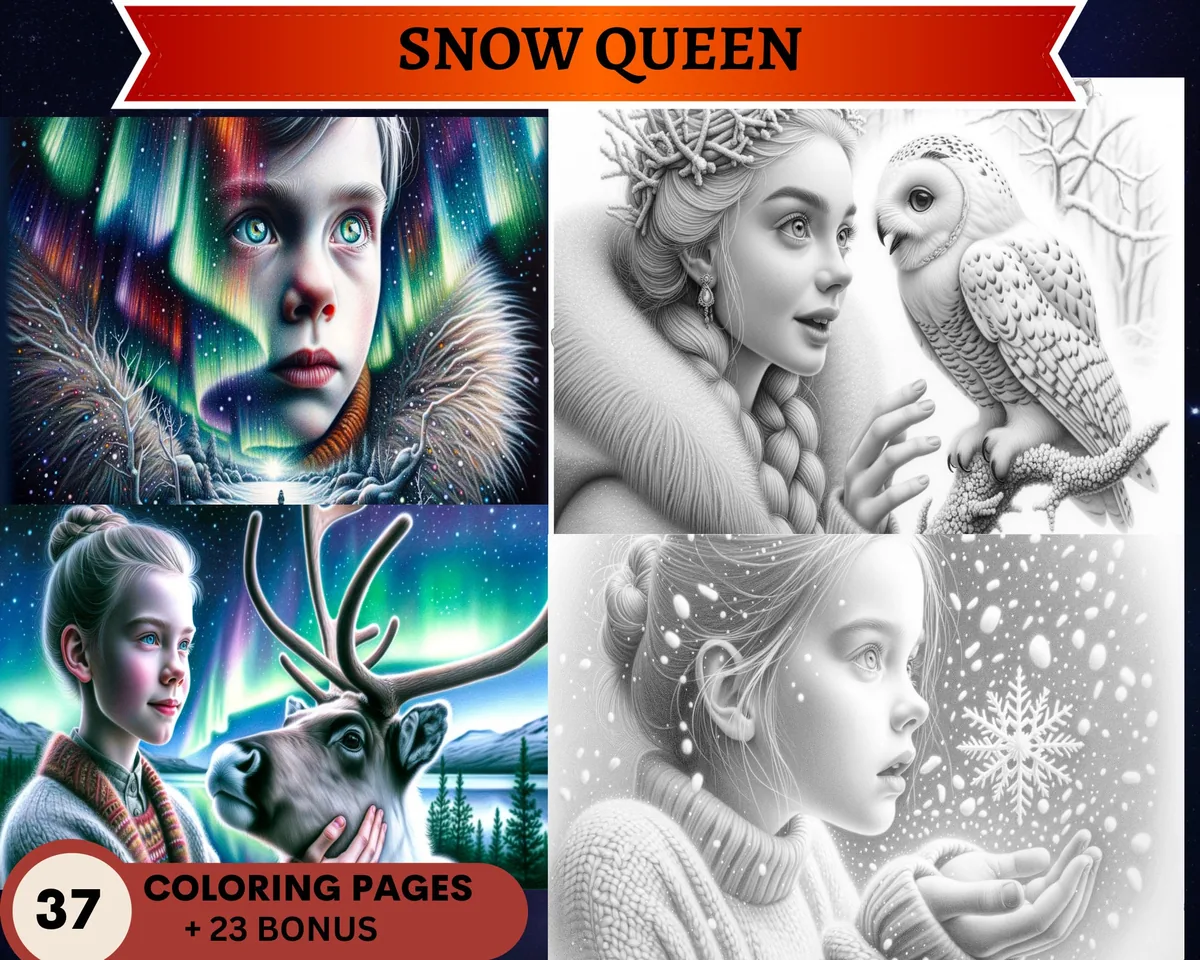 Snow Queen" by Hans Christian Andersen Grayscale Coloring Pages