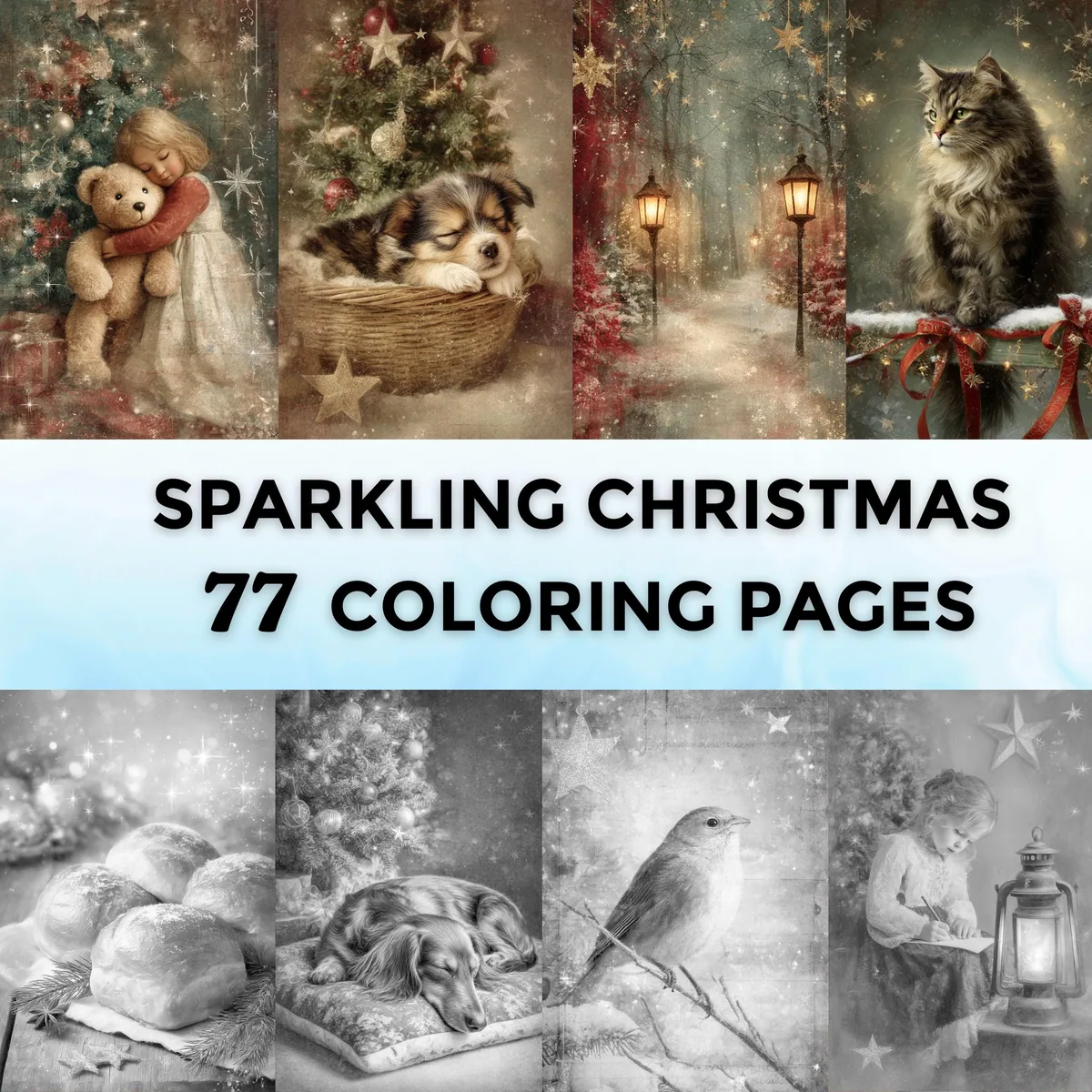 Sparkling Christmas Grayscale Coloring Pages