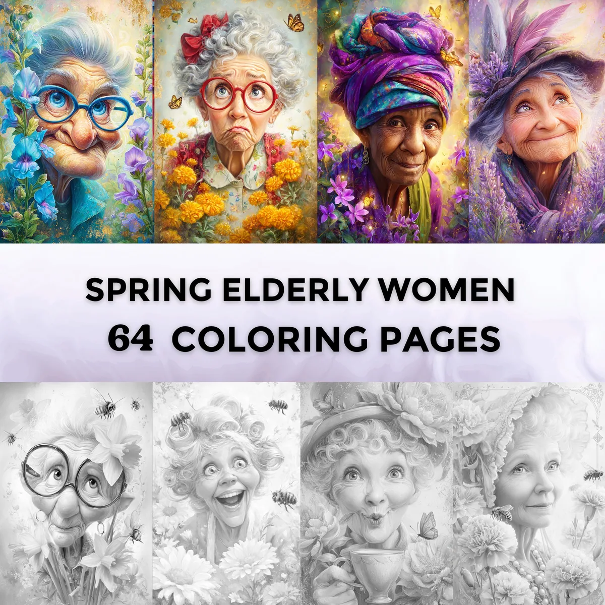 Spring Elderly Women Grayscale Coloring Pages