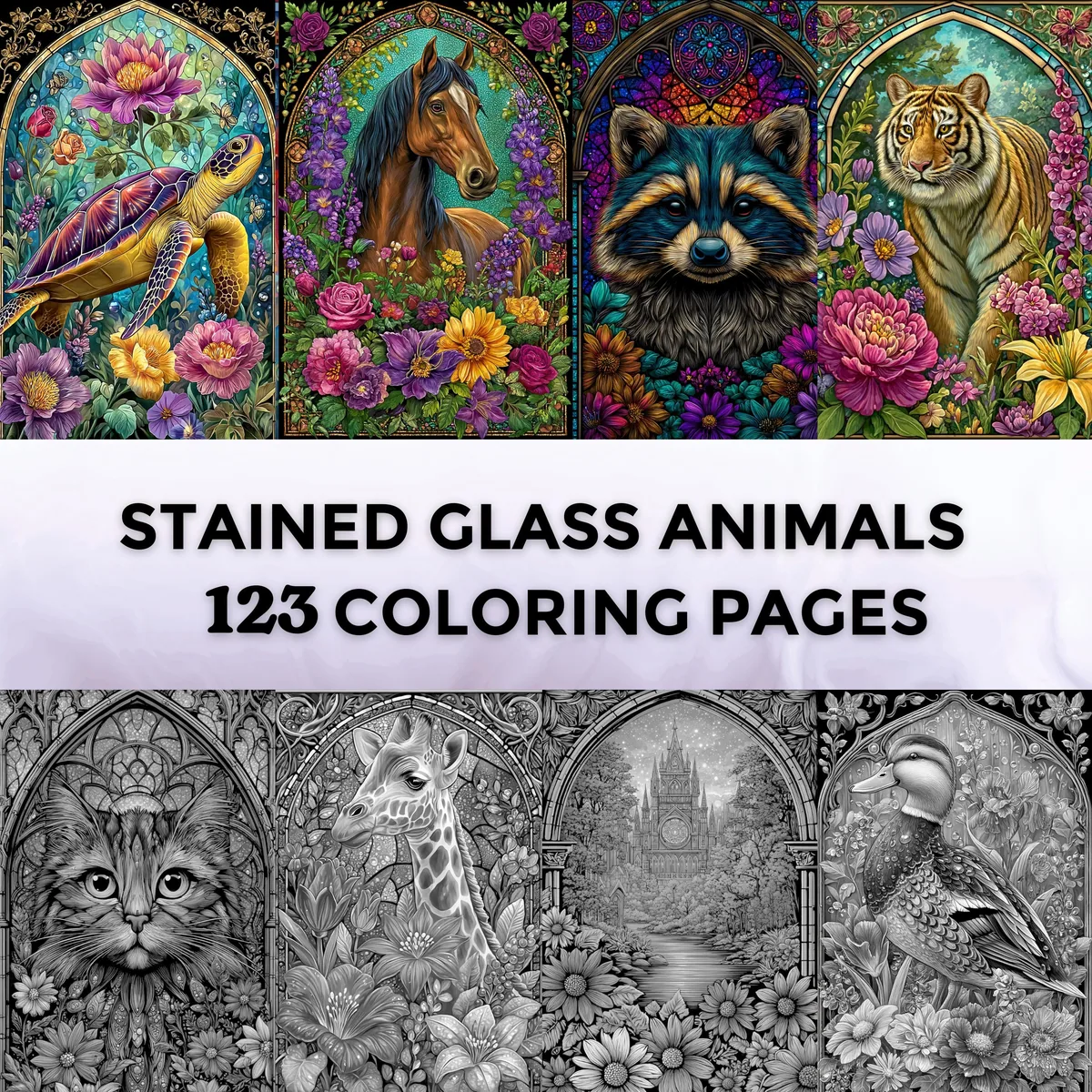 Stained Glass Animals Grayscale Coloring Pages