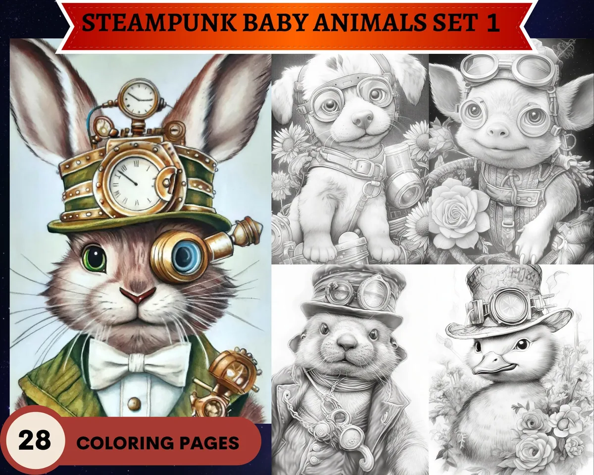 Steampunk Baby Animals Set 1 Grayscale Coloring Pages