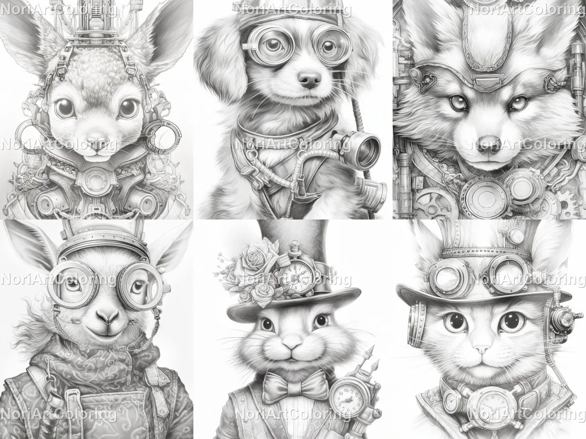 Steampunk Baby Animals Set 2 Grayscale Coloring Pages