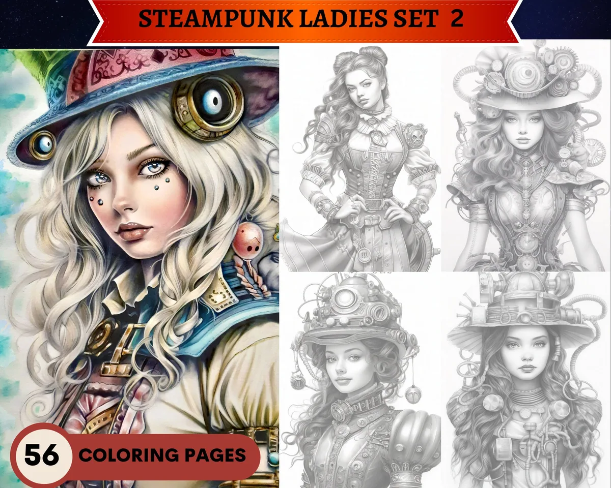 Steampunk Ladies Set 2 Grayscale Coloring Pages