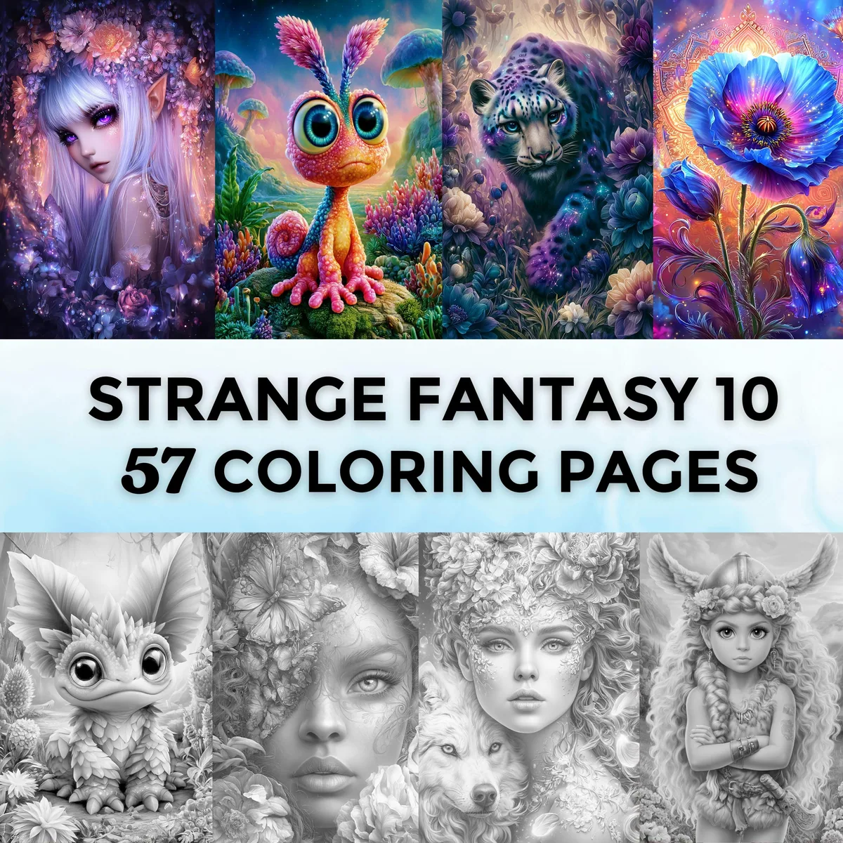 Strange Fantasy Set 10 Grayscale Coloring Pages