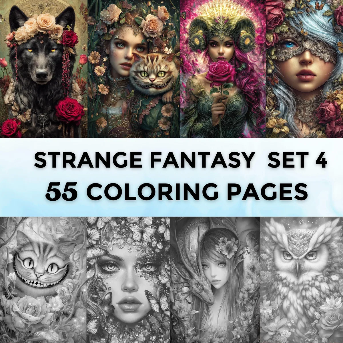 Strange Fantasy Set 4 Grayscale Coloring Pages
