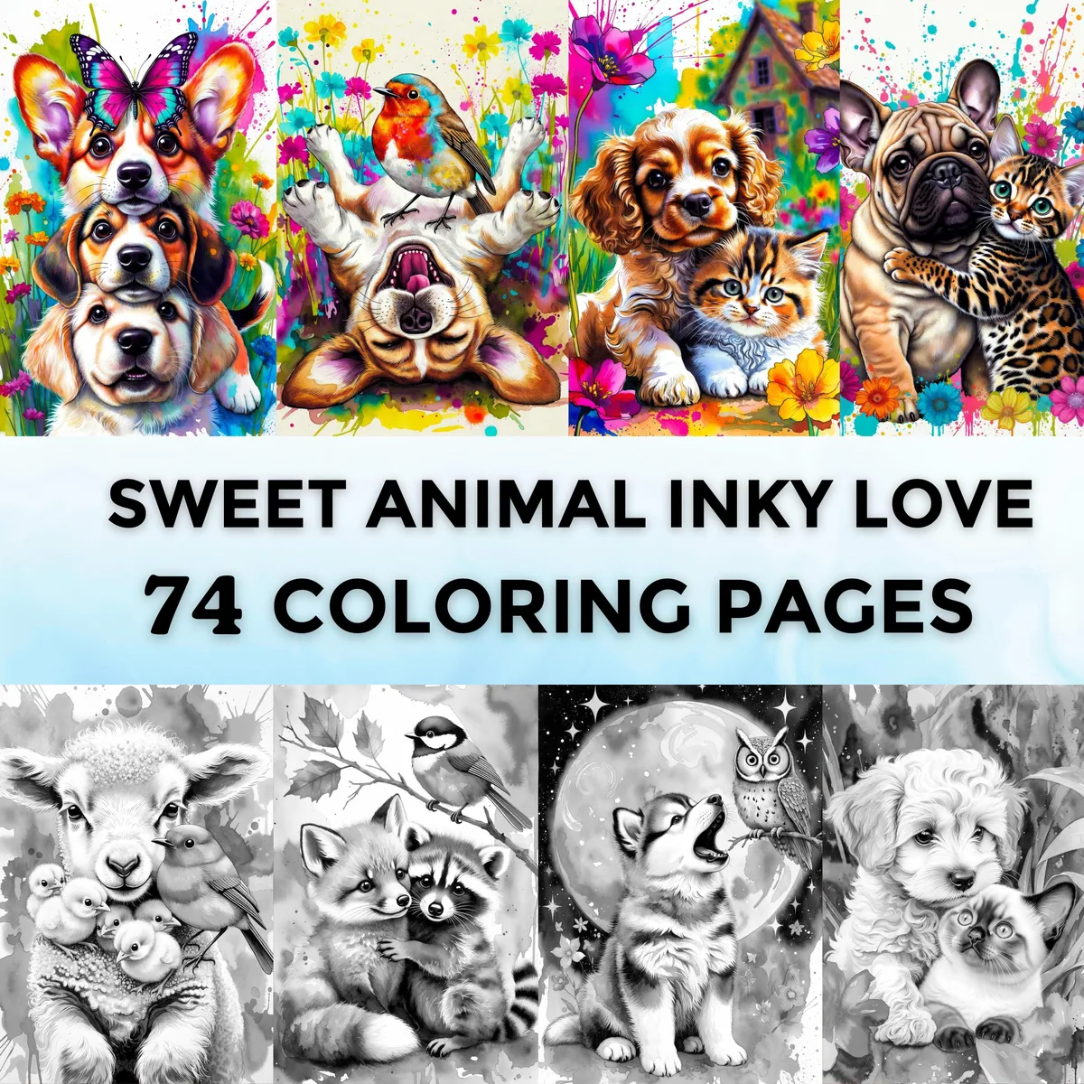 Sweet Animal Inky Love Valentine's Day Grayscale Coloring Pages