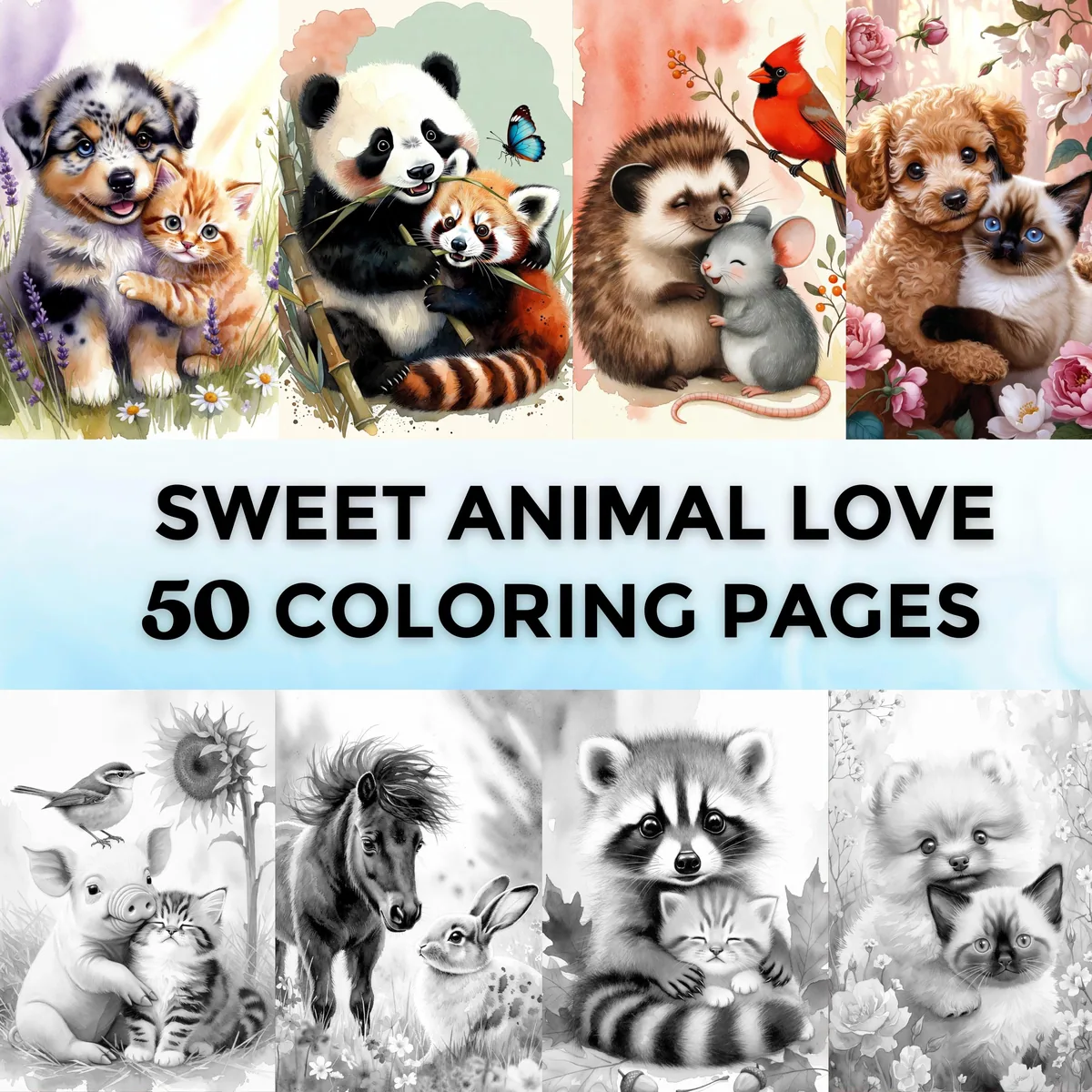 Sweet Animal Love Valentine's Day Grayscale Coloring Pages