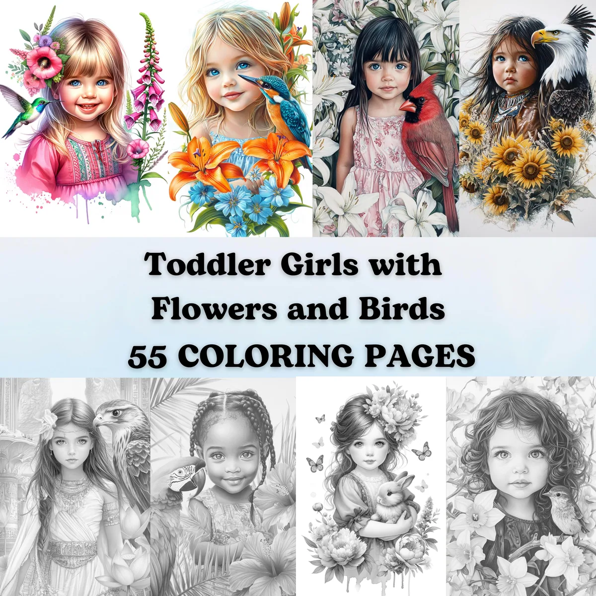 Toddler Girls with Flowers and Birds Grayscale Coloring Pages