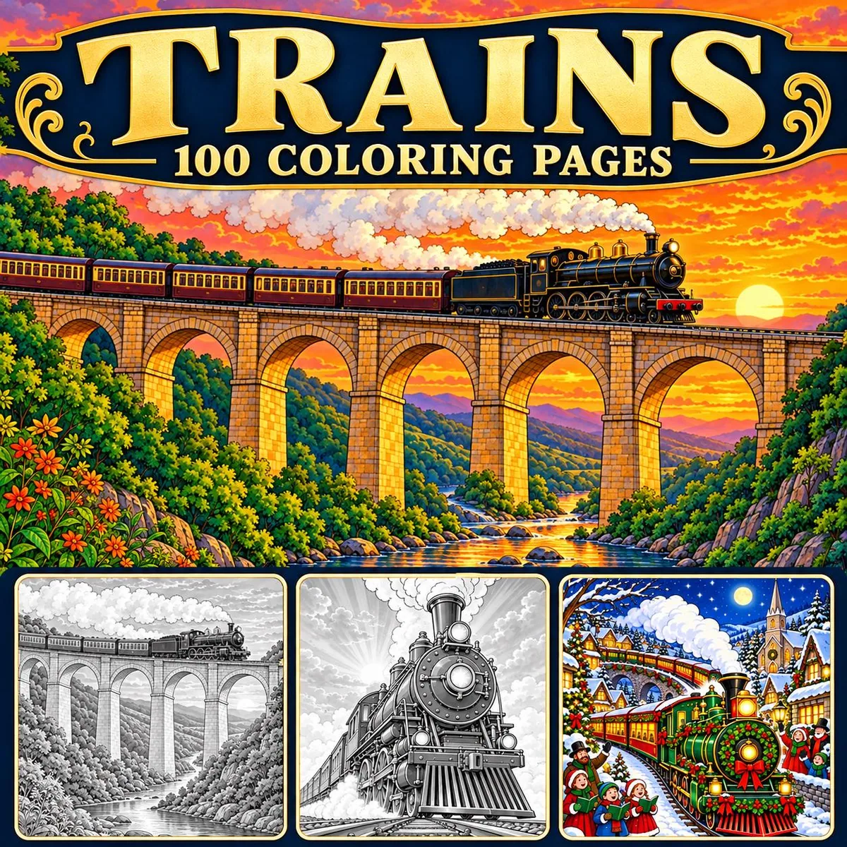 Trains Grayscale Coloring Pages