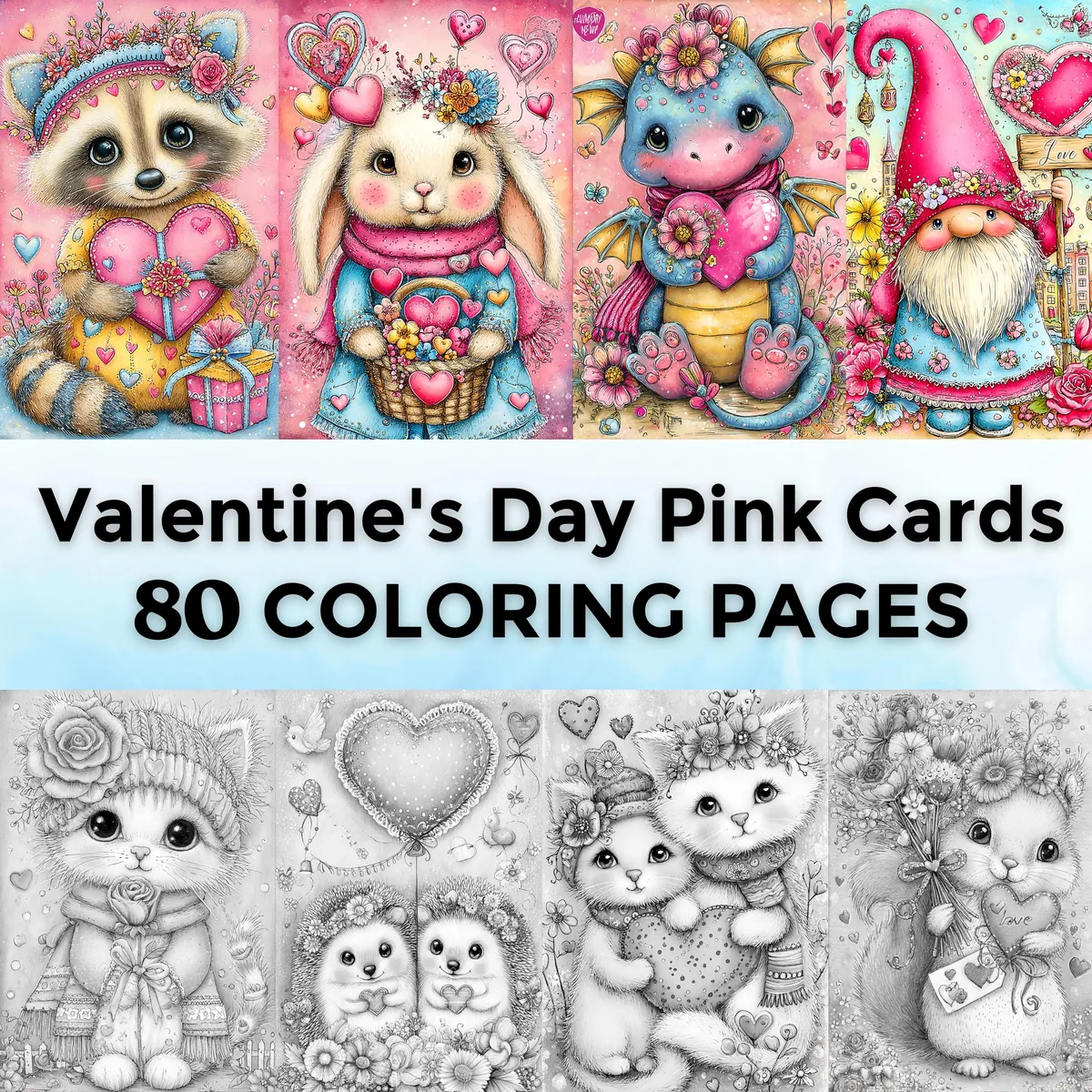 Valentine’s Day Pink Cards Bundle Dark Grayscale Coloring Pages