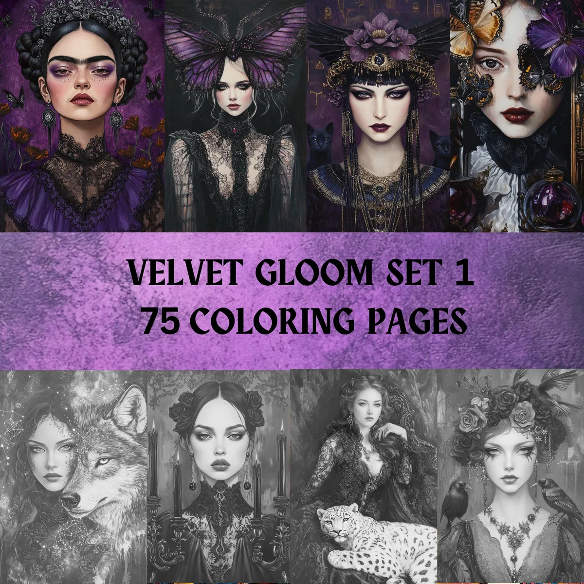Velvet Gloom : Gothic Women Portraits Grayscale Coloring Pages