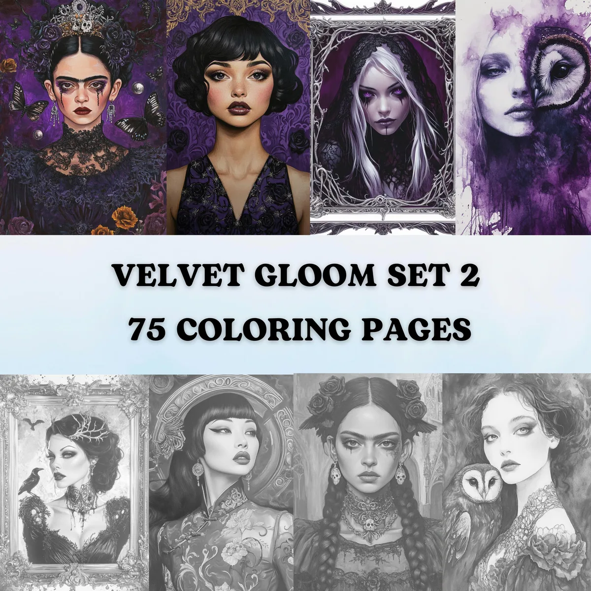 Velvet Gloom Set 2 : Gothic Women Portraits Grayscale Coloring Pages
