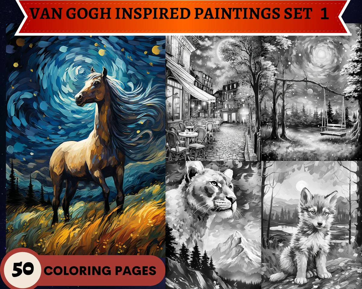 Vincent van Gogh Inspired Paintings Grayscale Coloring Pages