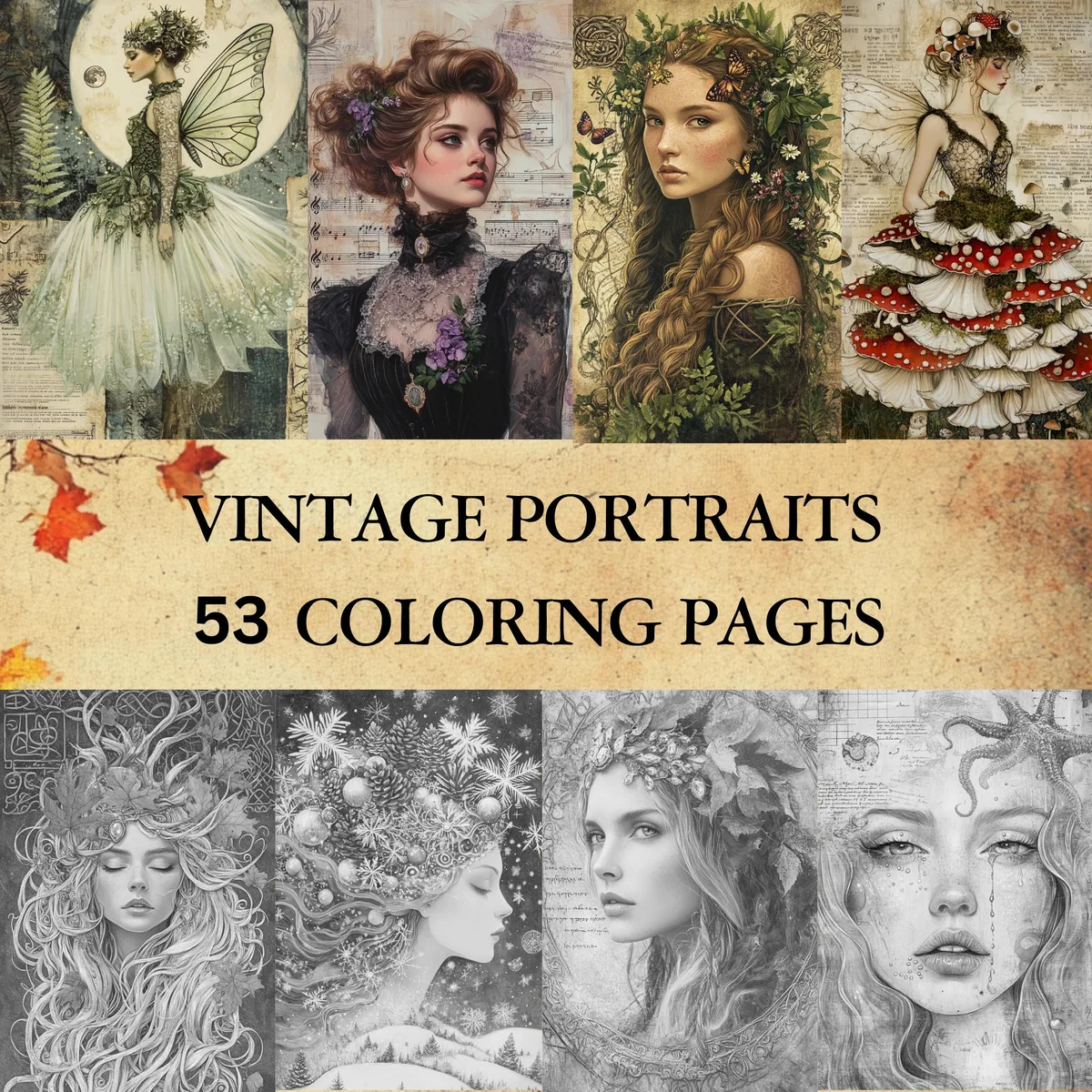 Vintage Portraits Grayscale Coloring Pages