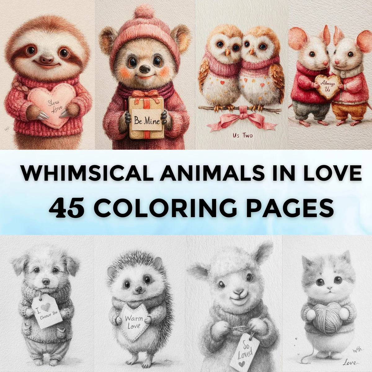 Whimsical Animals In Love Grayscale Coloring Pages