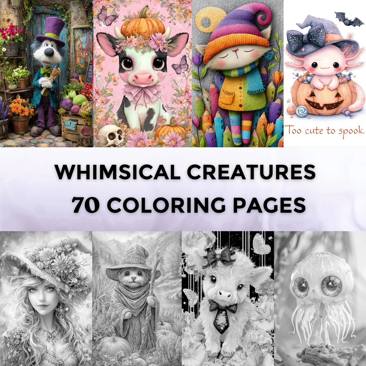 Whimsical Creatures Grayscale Coloring Pages