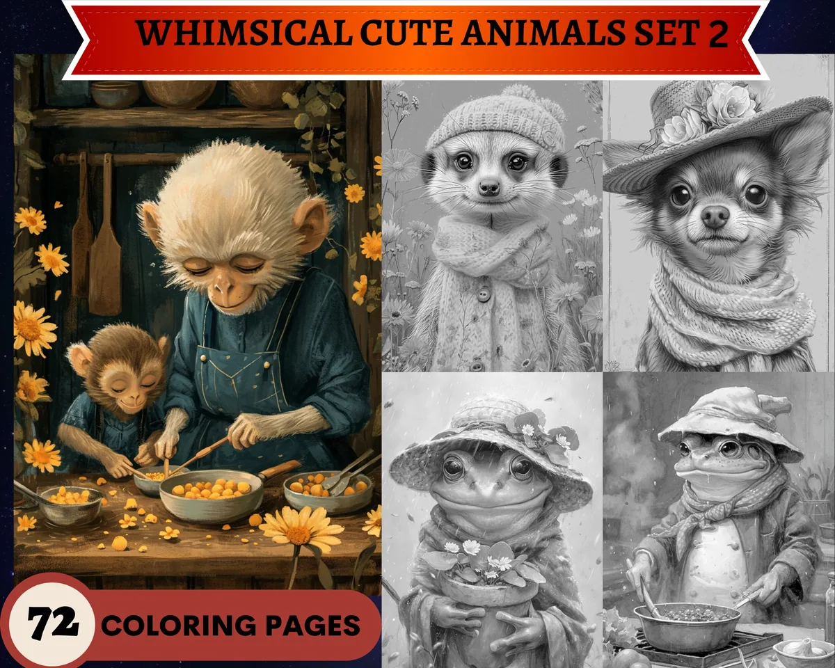 Whimsical Cute Animals Set 2 Grayscale Coloring Pages