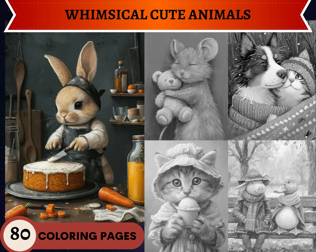 Whimsical Cute Animals Grayscale Coloring Pages