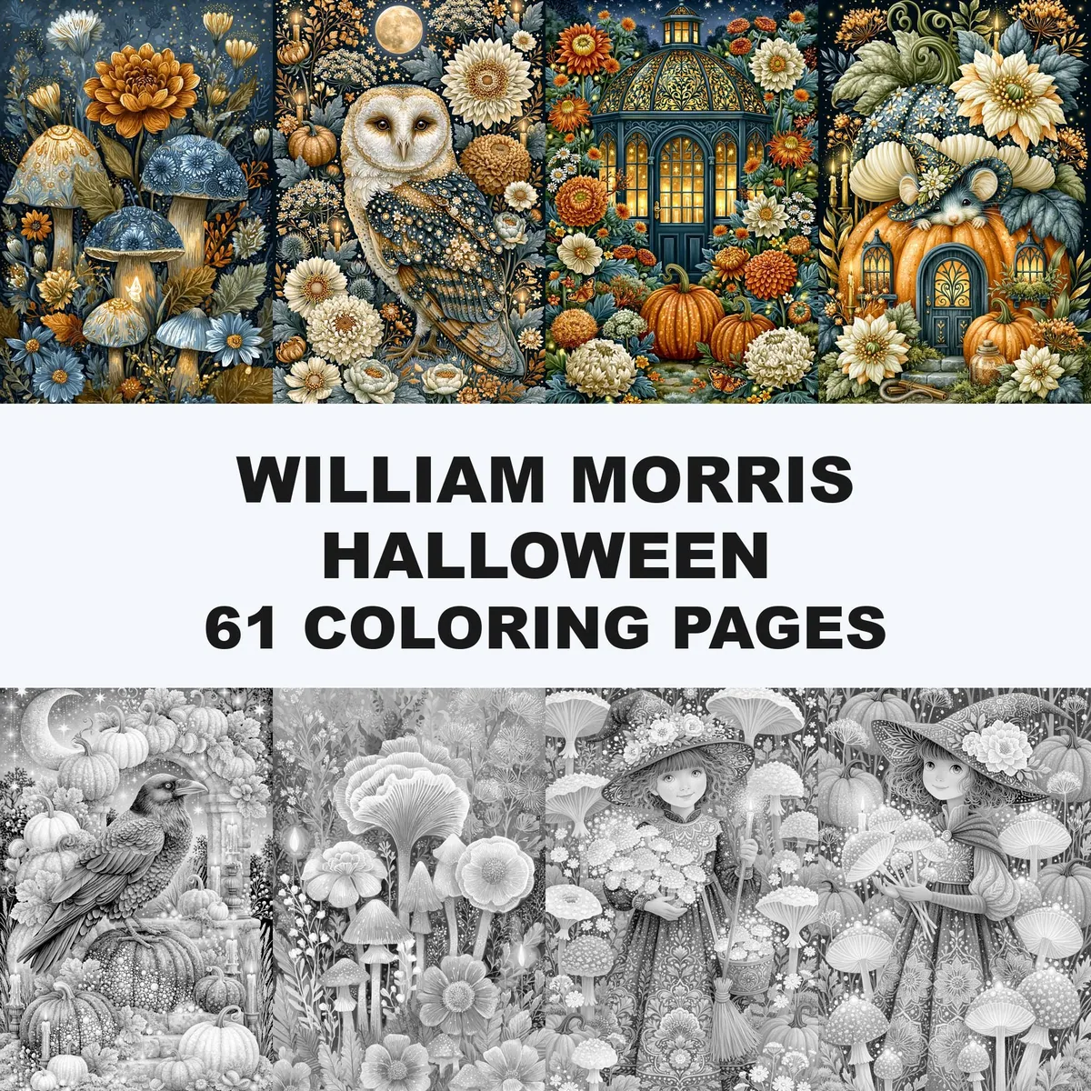 William Morris Halloween Grayscale Coloring Pages