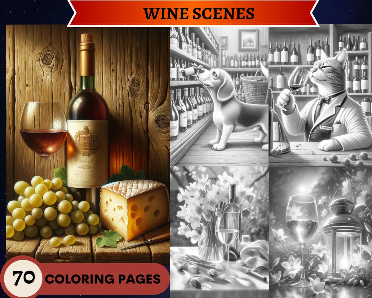 Wine Scenes Grayscale Coloring Pages
