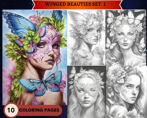 Winged Beauties grayscale coloring pages