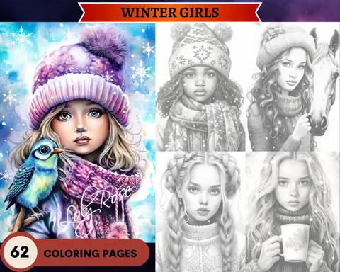 Winter Girls grayscale coloring pages