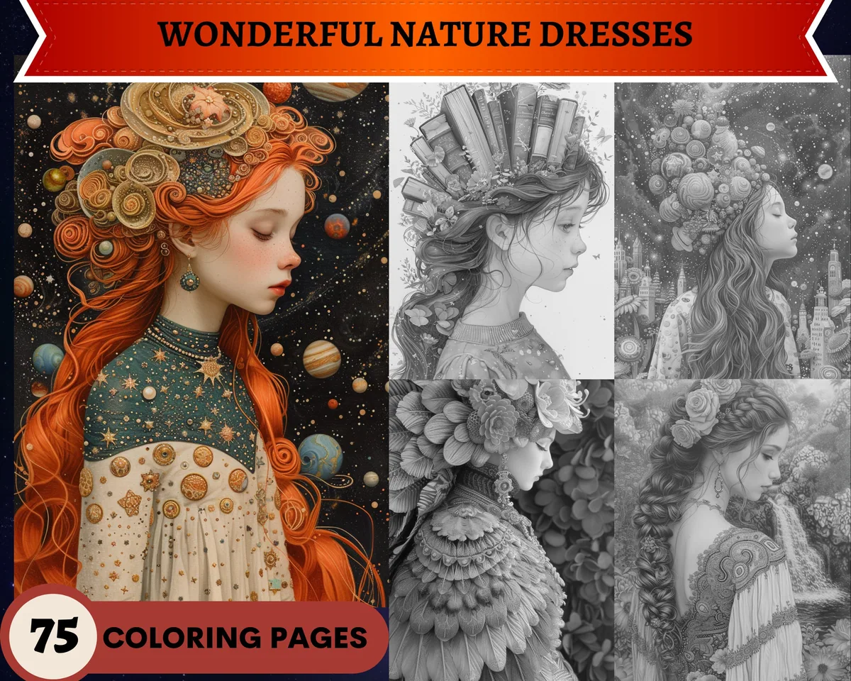 Wonderful Nature Dresses Grayscale Coloring Pages